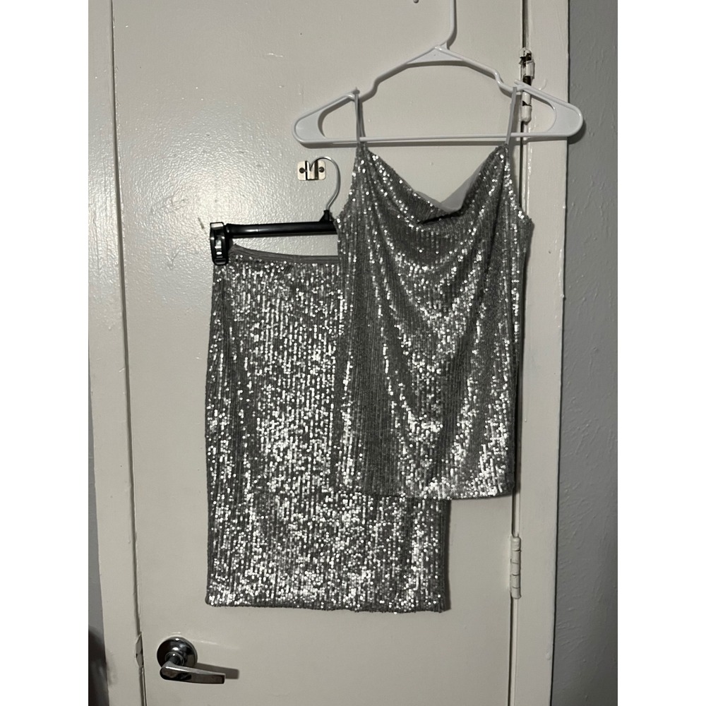 Ann Taylor Silver Sequin 2 Piece Set Cowl Neck Cami & Pencil Skirt Petite XXSP